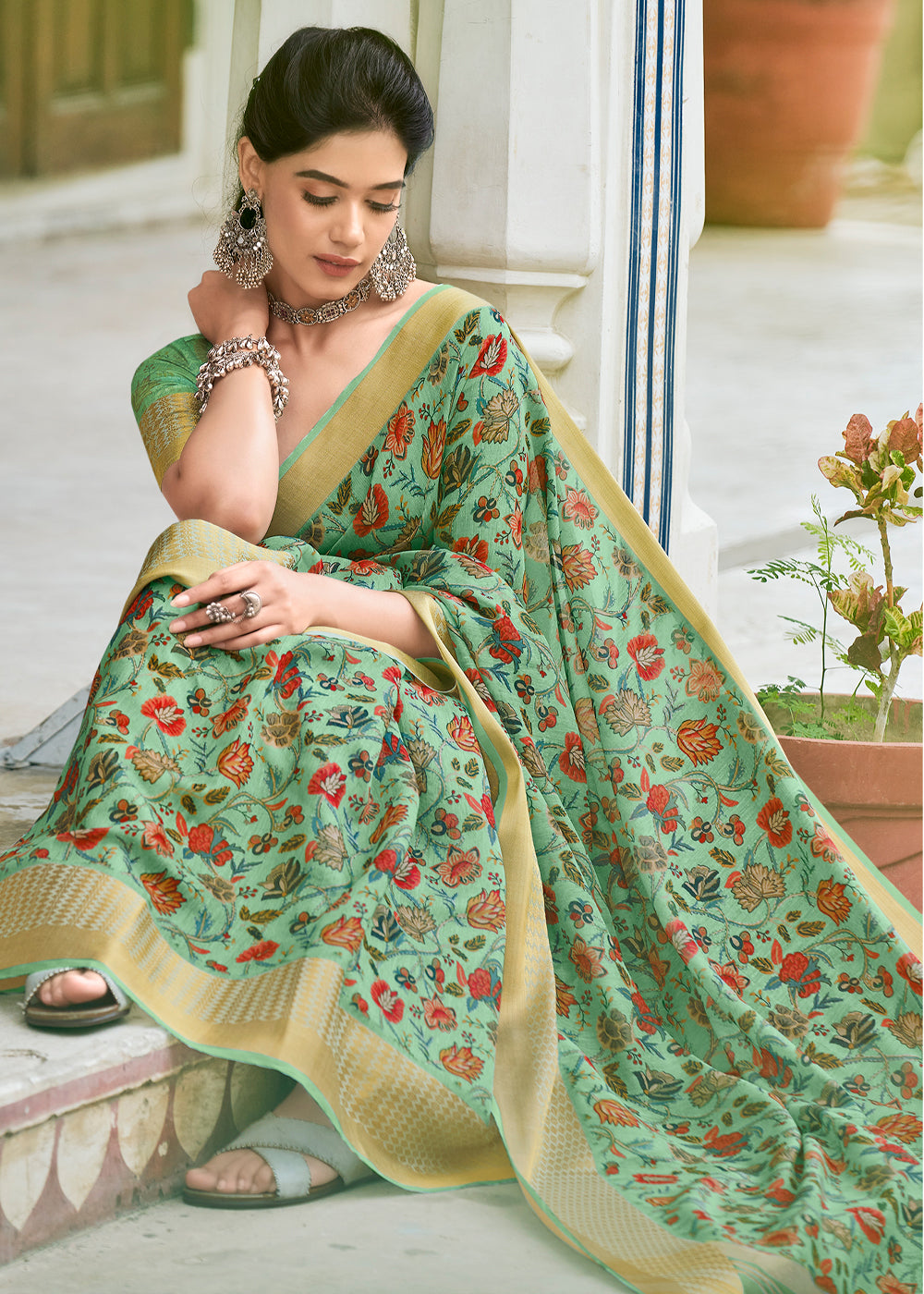 MySilkLove Spring Rain Green Banarasi Printed Saree