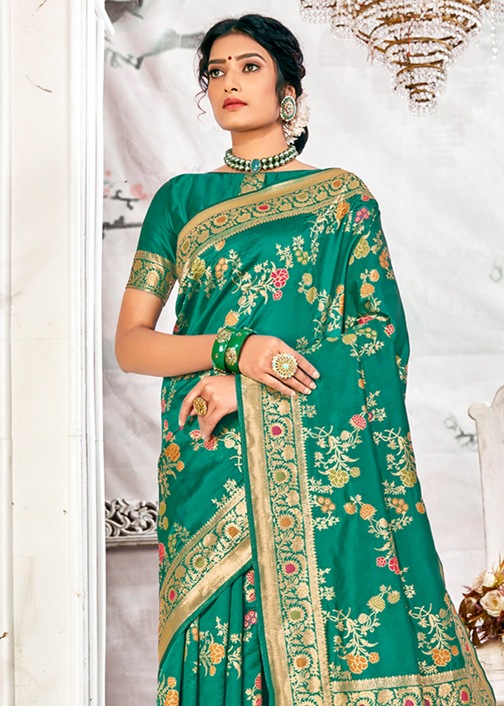 Buy MySilkLove Jade Greenish Blue Zari Woven Banarasi Jamdani Silk Saree Online