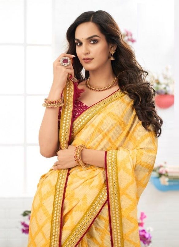 MySilkLove Cream Can Yellow Chinon Printed Saree