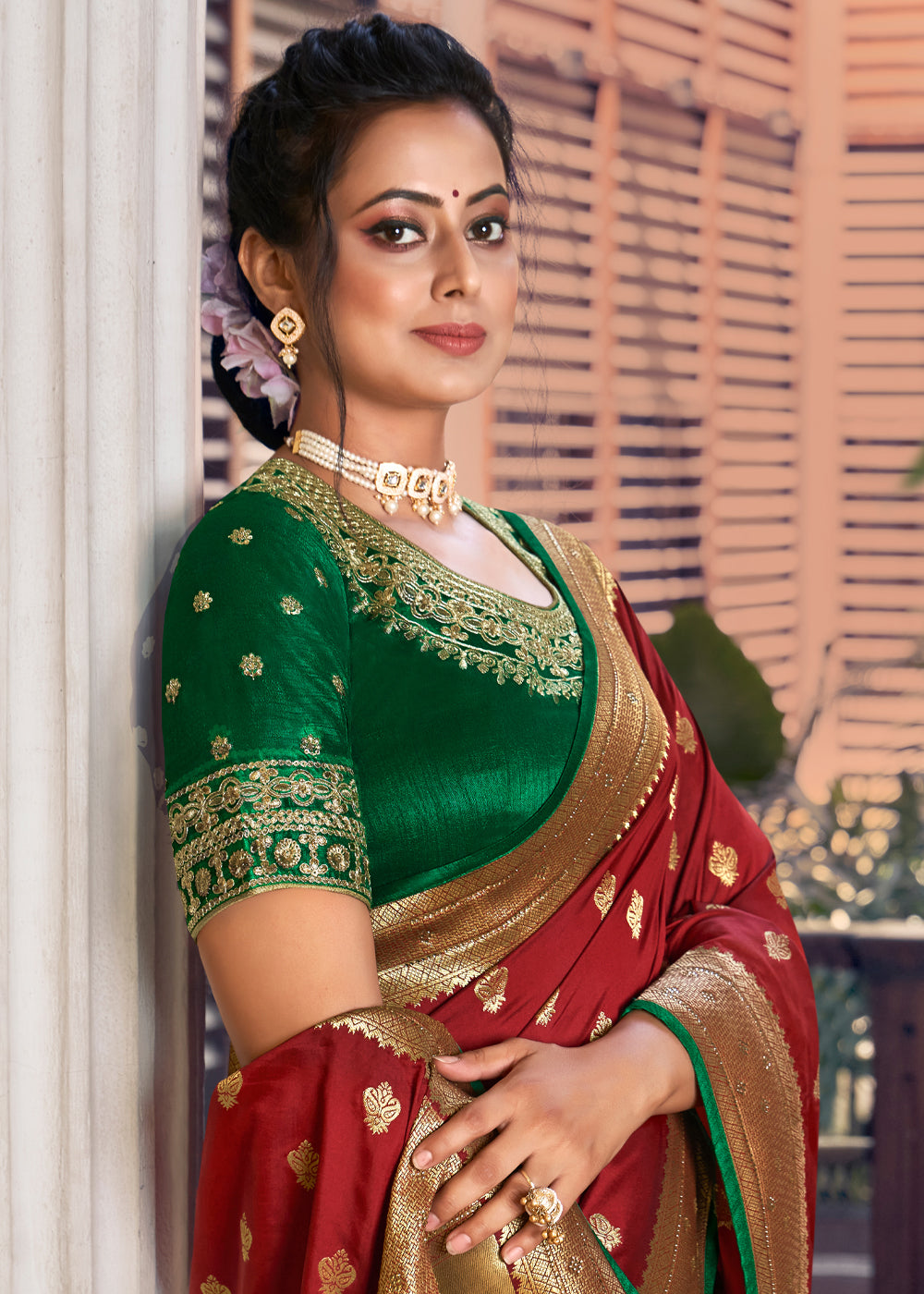 Buy MySilkLove Firebrick Brown and Green Zari Woven Banarasi Brocade Saree Online