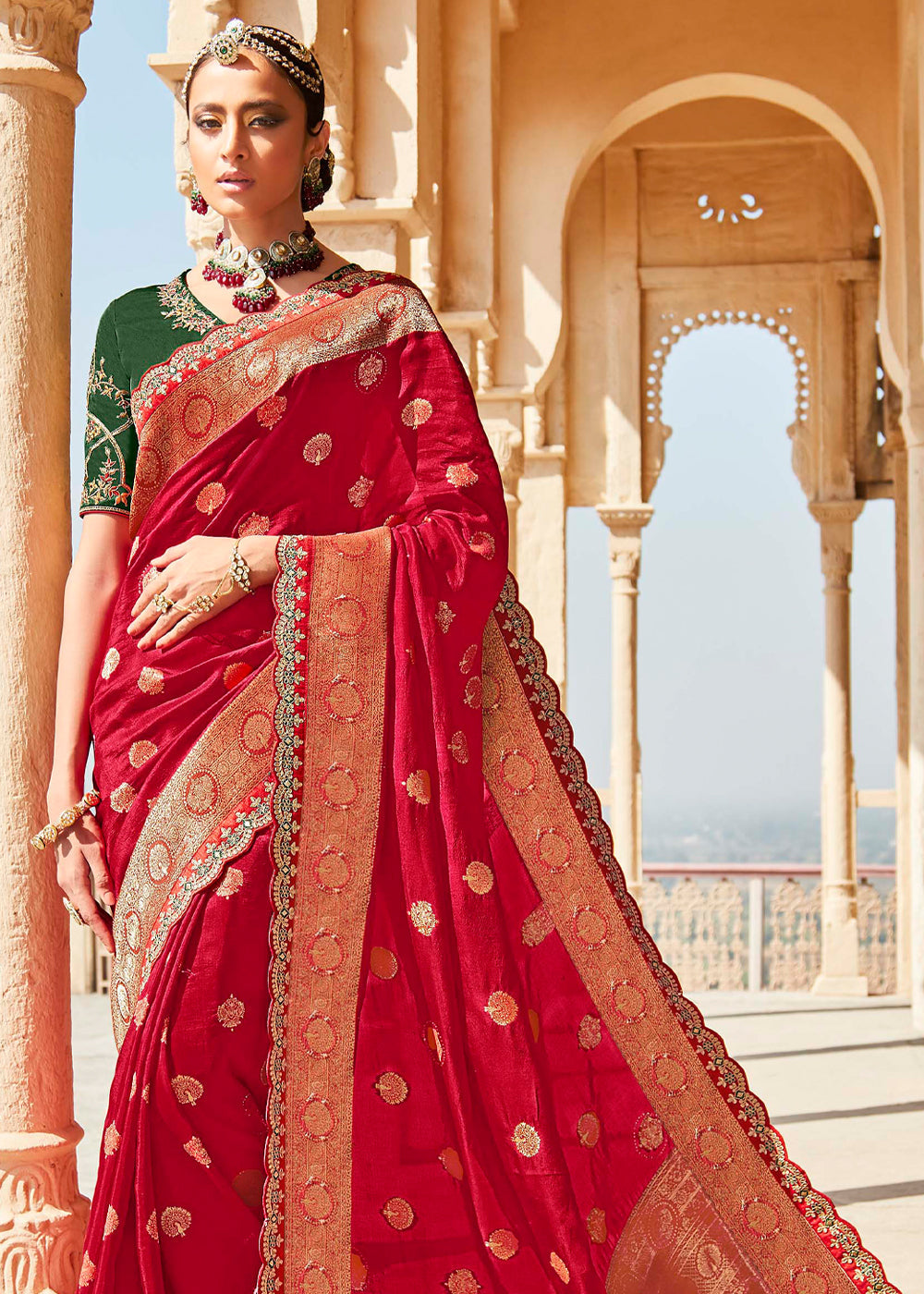 Buy MySilkLove Sweet Red and Green Zari Woven Designer Banarasi Saree Online