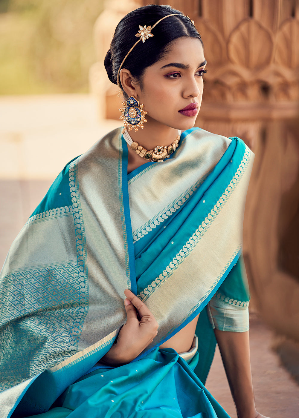 Buy MySilkLove Java Blue Woven Banarasi Satin Silk Saree Online