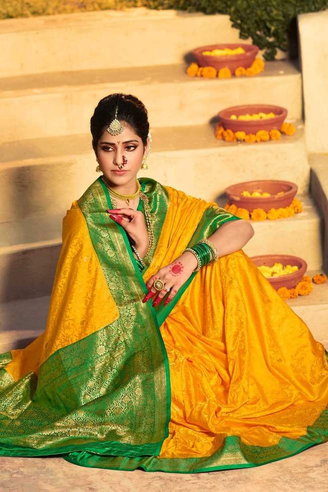 Buy MySilkLove Fuel Yellow Zari Woven Kanjivaram Saree Online