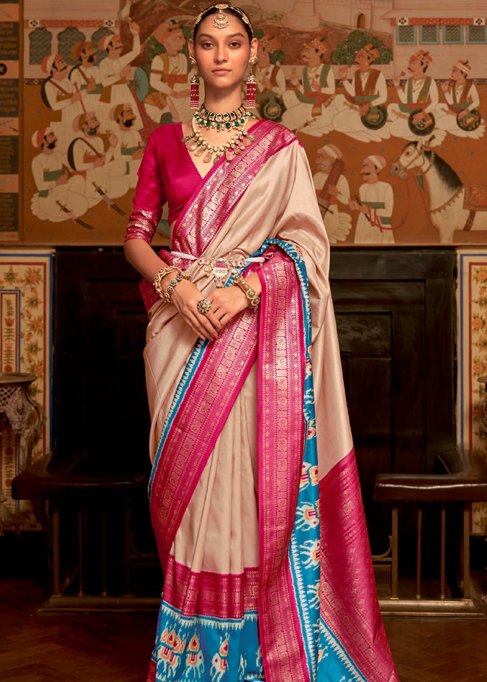 Buy MySilkLove Cameo Beige and Pink Banarasi Patola Saree Online