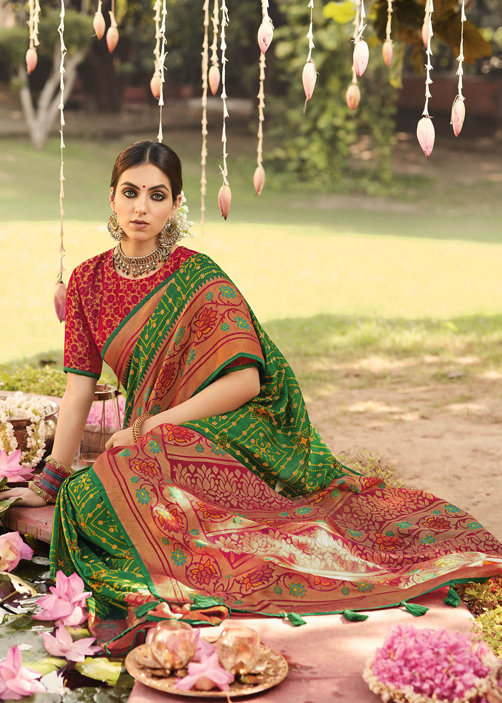 Buy MySilkLove Green Leaf and Red Soft Brasso Silk Saree Online