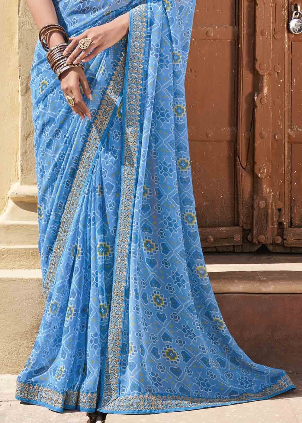 Buy MySilkLove Danube Blue Patola Print Georgette Saree With Embroidered Blouse Online