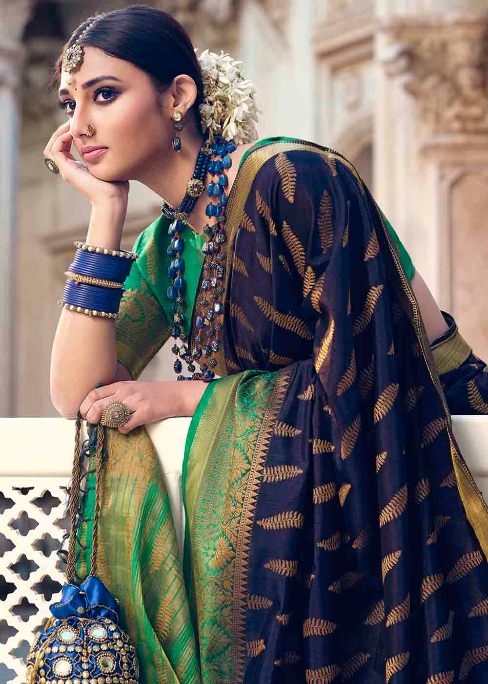 Buy MySilkLove Martinique Blue and Green Zari Woven Banarasi Raw Silk Saree Online