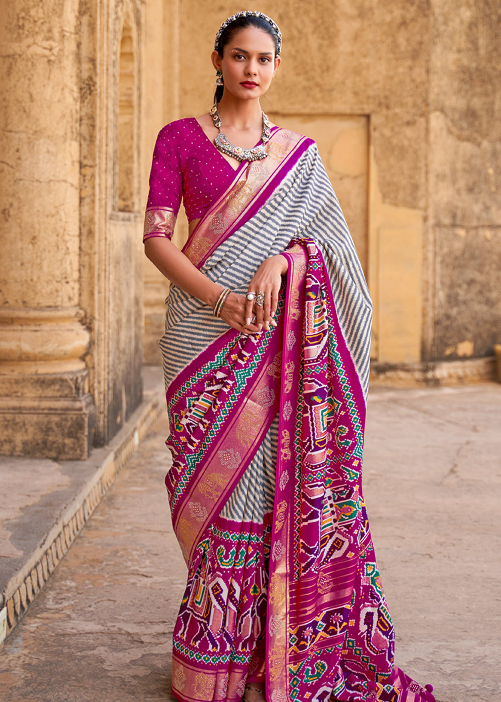 Buy MySilkLove Mulberry White and Pink Zari Woven Patola Saree Online