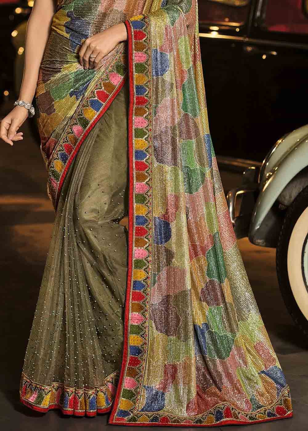 Buy MySilkLove Mongoose Green and Brown Heavy Work Designer Net Saree Online