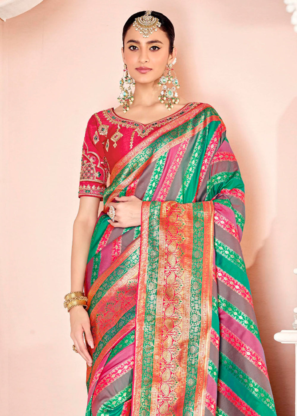 Buy MySilkLove Pine Pink and Green Zari Woven Banarasi Saree with Designer Blouse Online