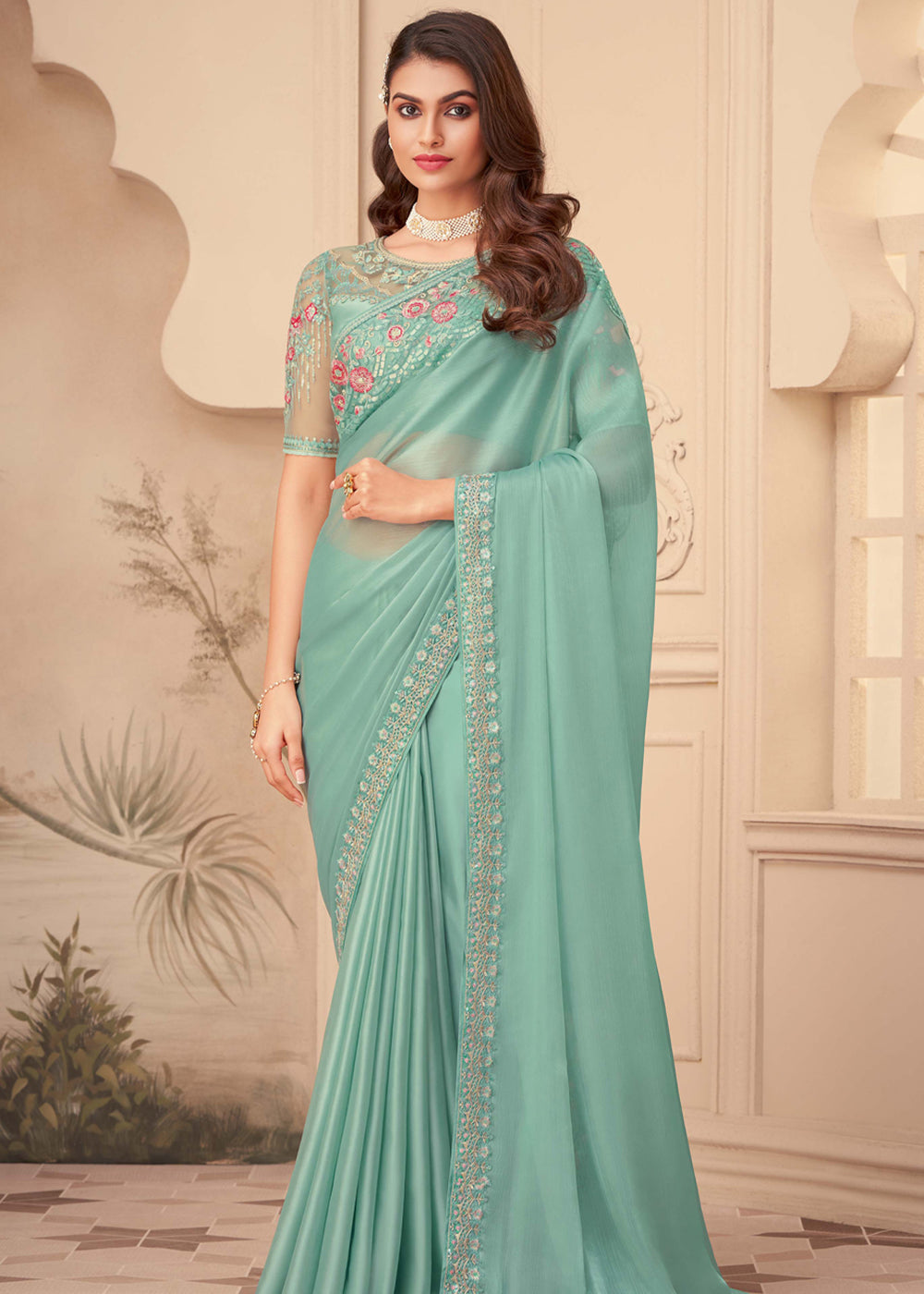 Buy MySilkLove Summer Green Georgette Designer Saree with Embroidered Blouse Online