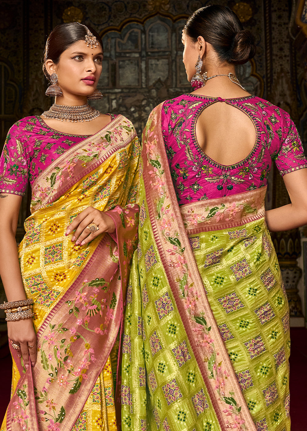 Buy MySilkLove Yellow and Pink Patola Handloom Dola Silk Saree With Embroidered Blouse Online