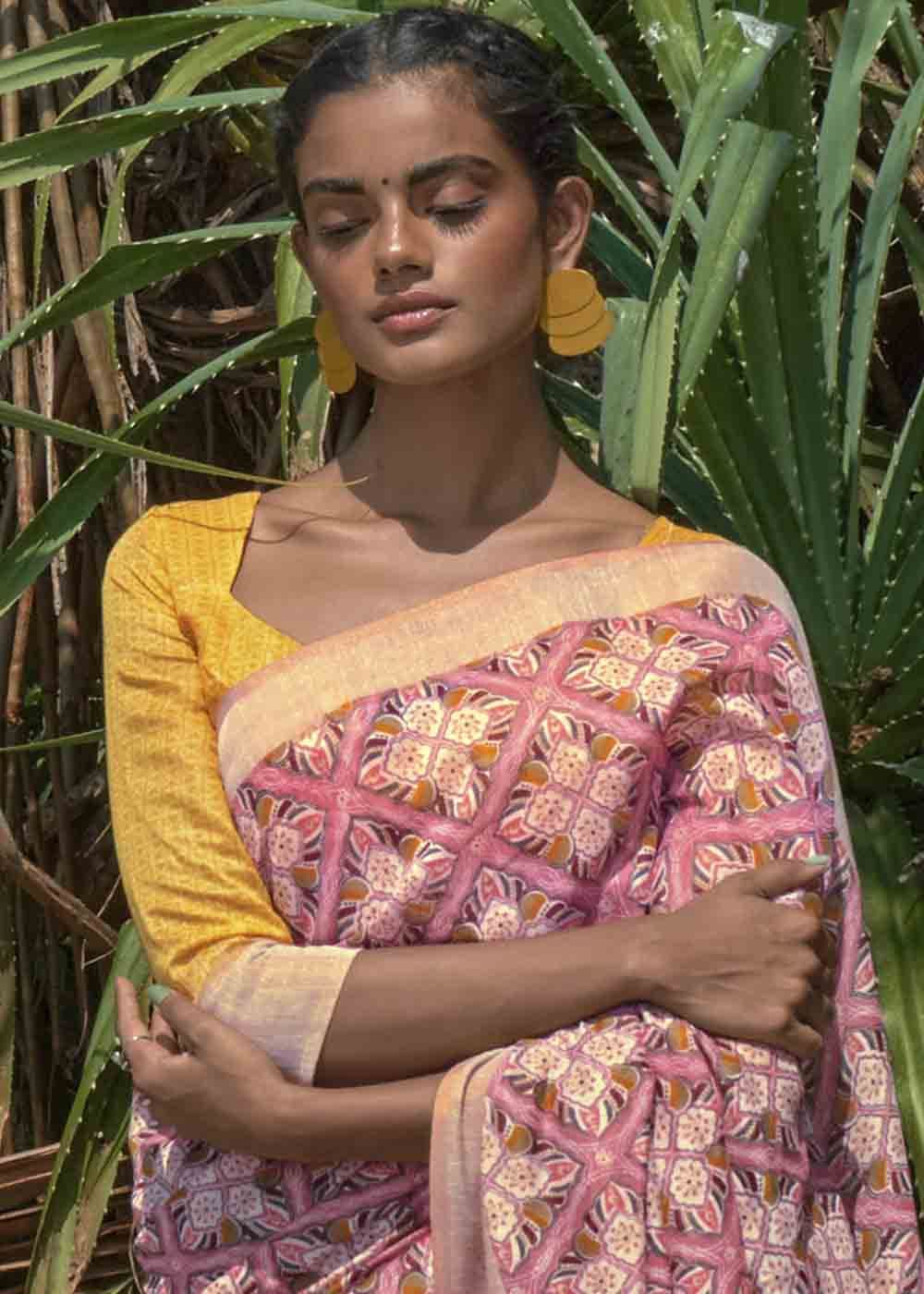 Buy MySilkLove Turkish Pink and Yellow Printed Cotton Saree Online