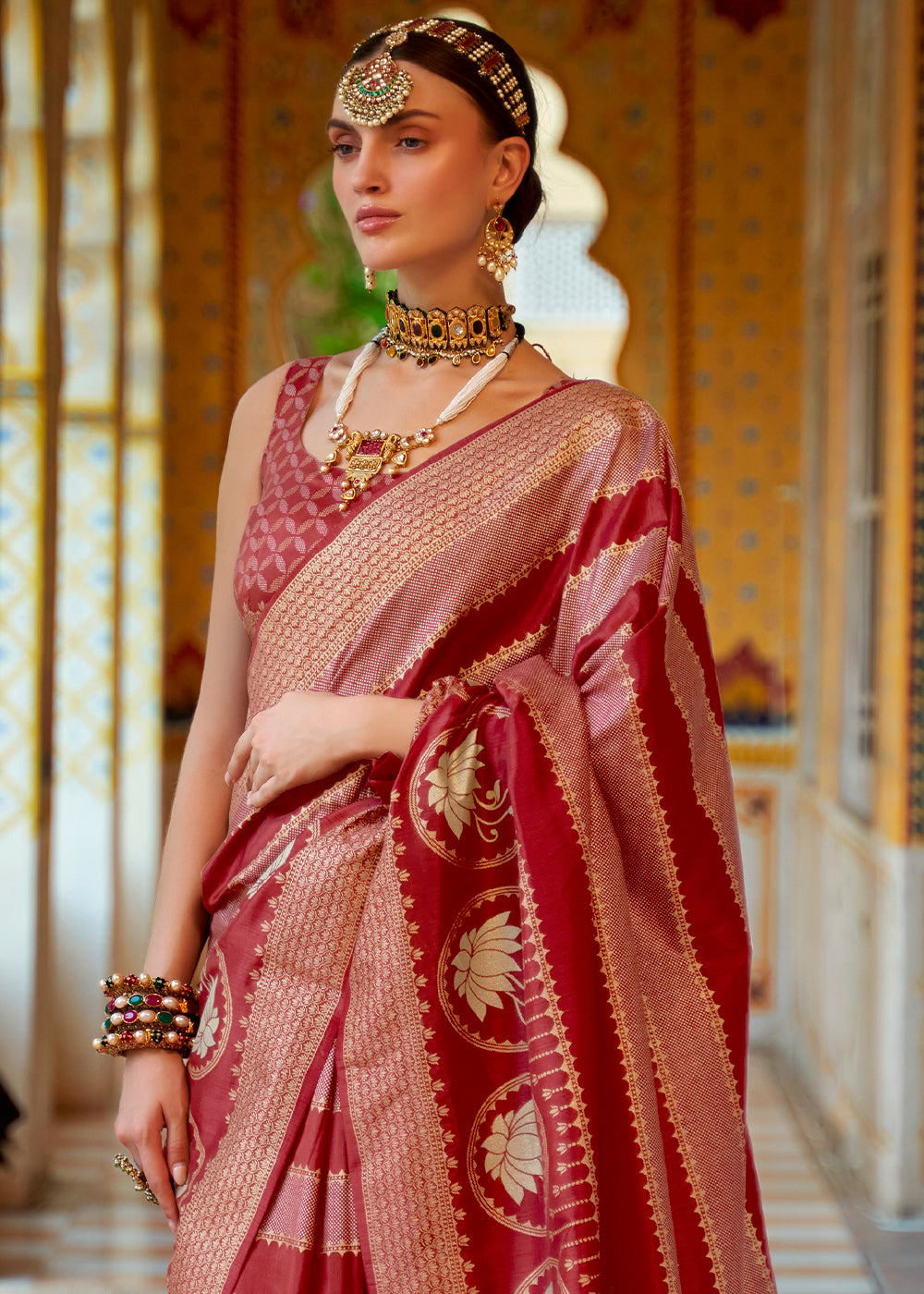 Buy MySilkLove Chestnut Dark Red Zari Woven Banarasi Saree Online