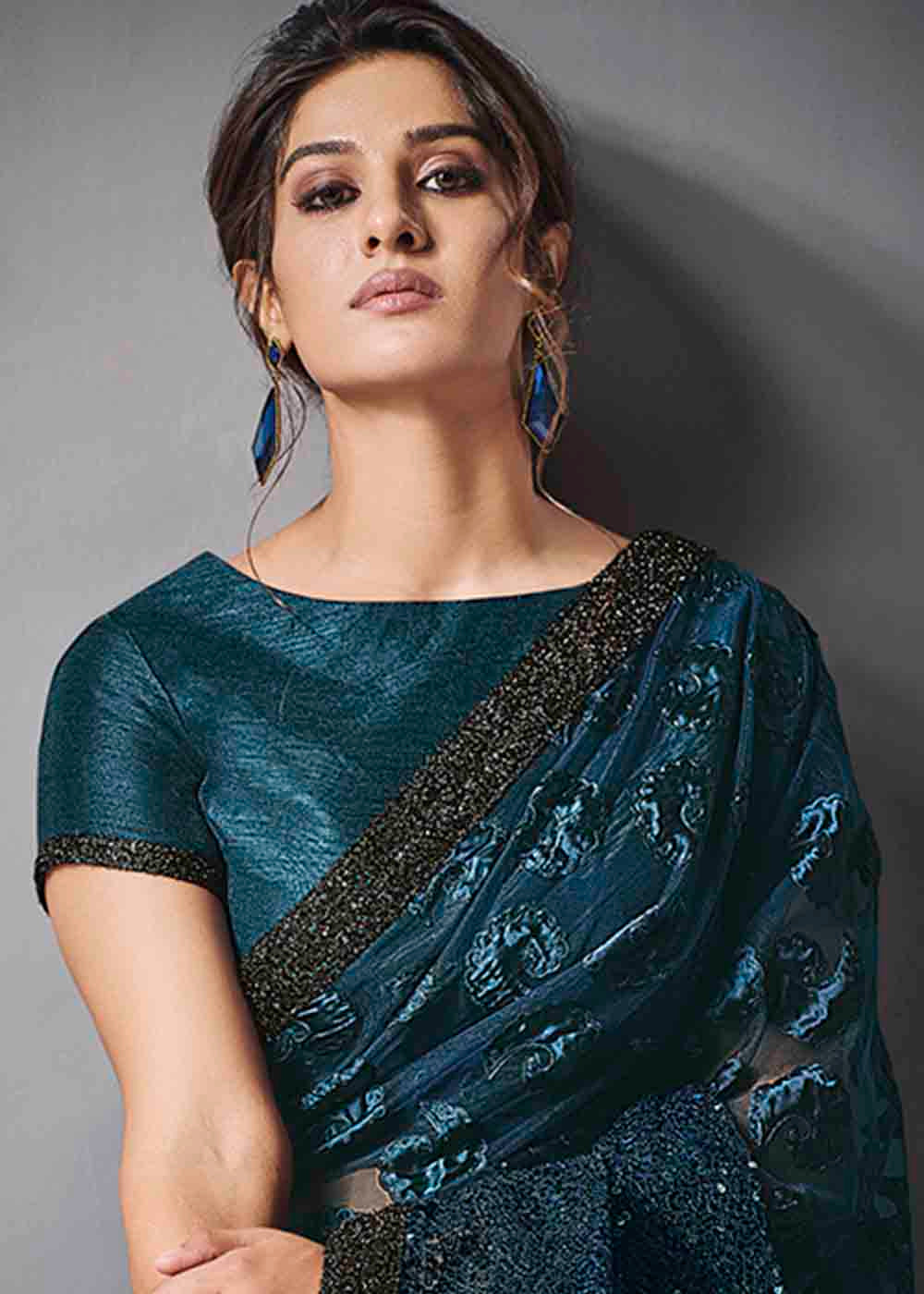 Buy MySilkLove San Blue Designer Lycra Saree with Embroidery Work Online