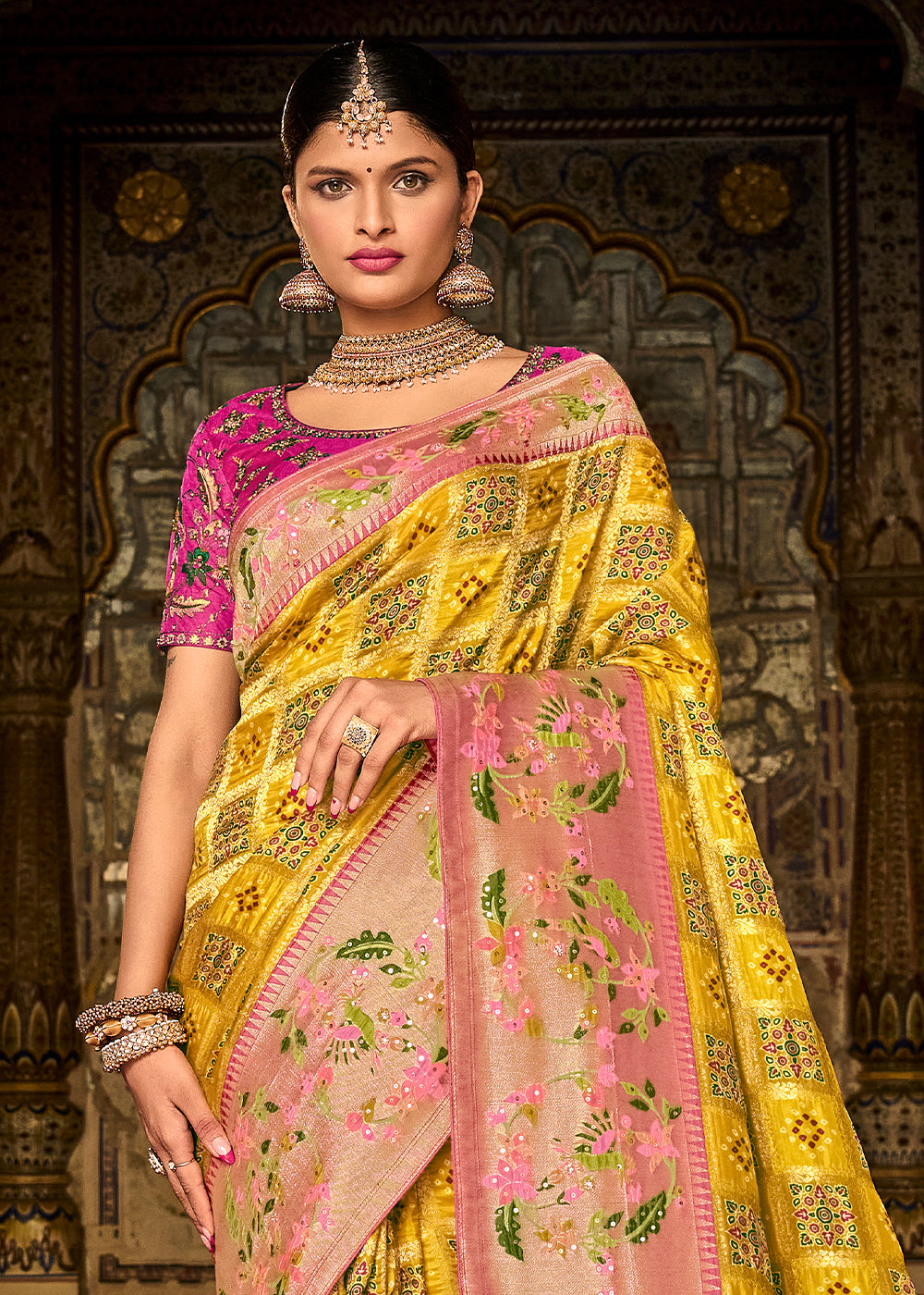 Buy MySilkLove Yellow and Pink Patola Handloom Dola Silk Saree With Embroidered Blouse Online