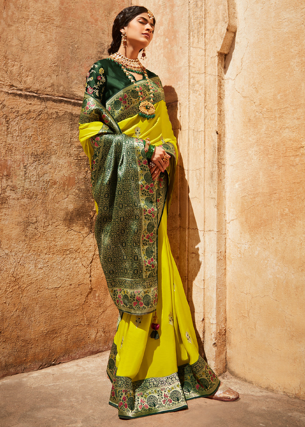 Buy MySilkLove Sunflower Yellow and Green Zari Woven Designer Banarasi Saree Online