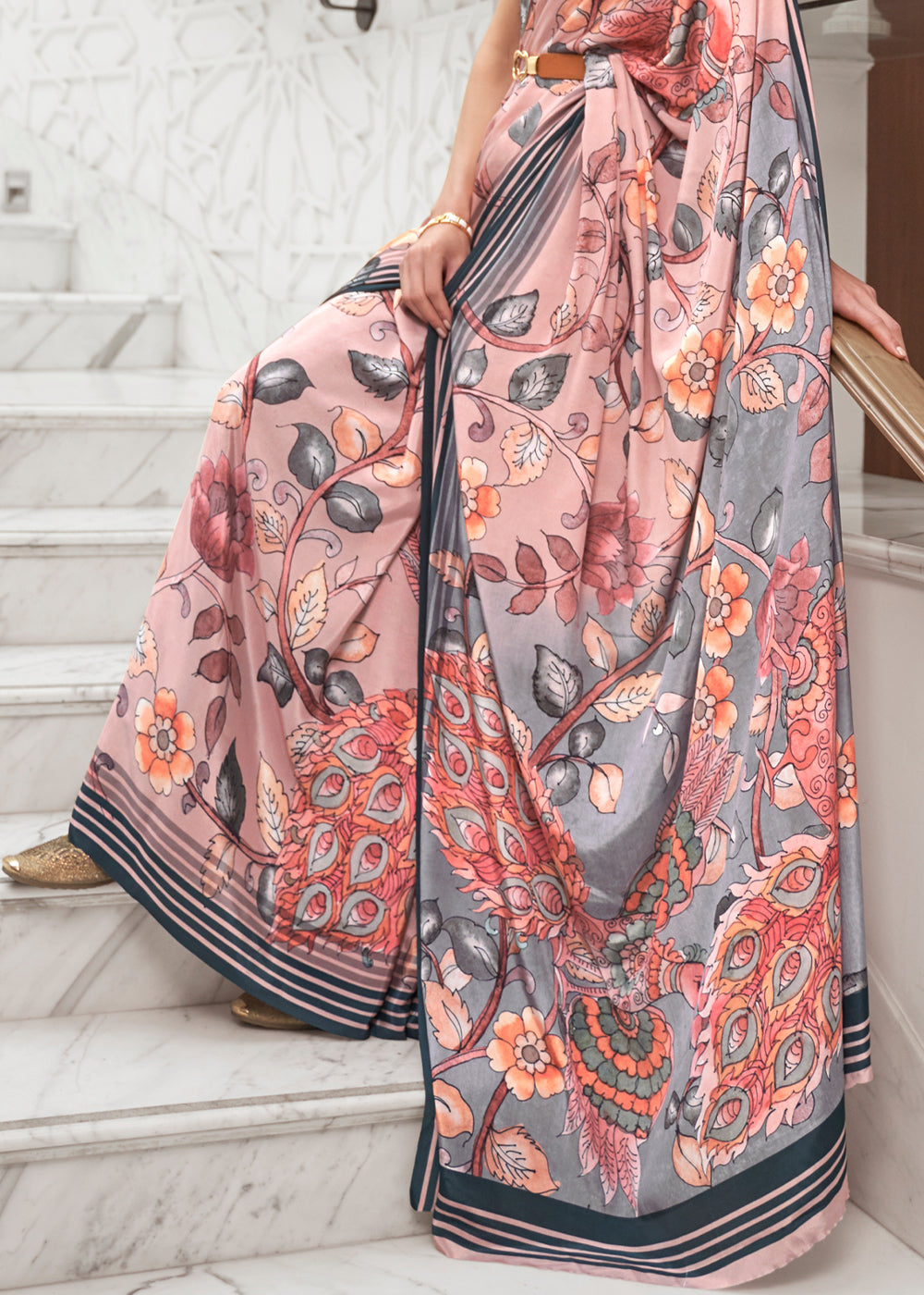 Buy MySilkLove Shilo Pink and Grey Kalamkari Printed Crepe Saree Online