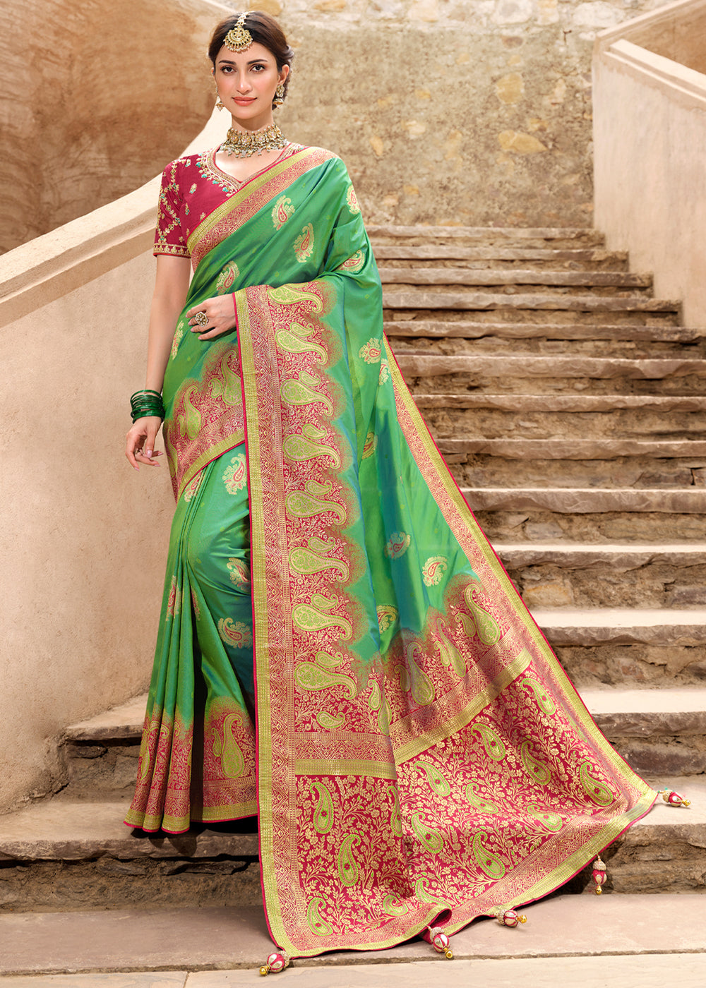 Buy MySilkLove Silver Tree Green and Pink Woven Designer Banarasi Silk Saree Online