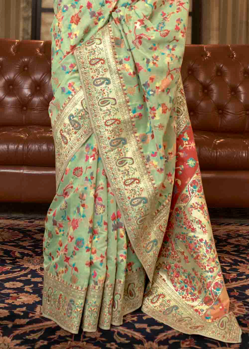 Buy MySilkLove Pine Green Banarasi Jamawar Woven Silk Saree Online