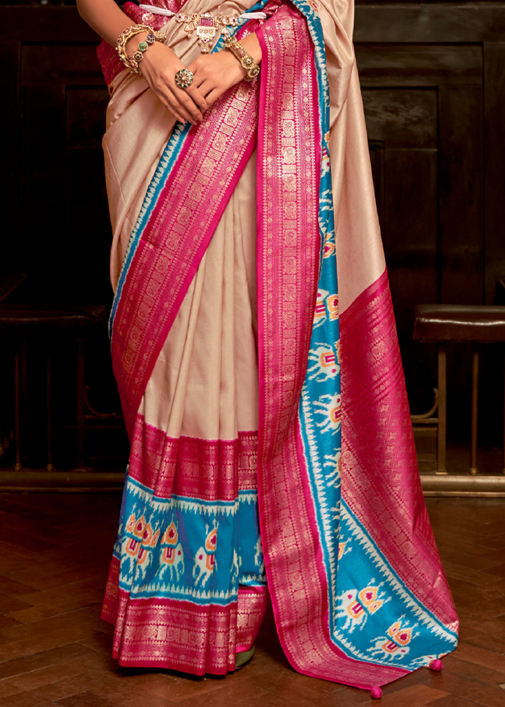 Buy MySilkLove Cameo Beige and Pink Banarasi Patola Saree Online