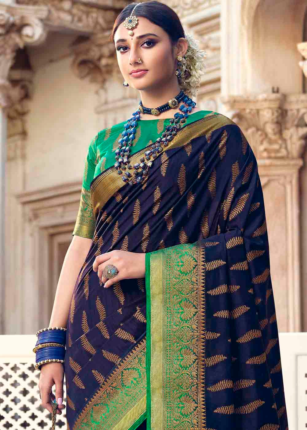 Buy MySilkLove Martinique Blue and Green Zari Woven Banarasi Raw Silk Saree Online