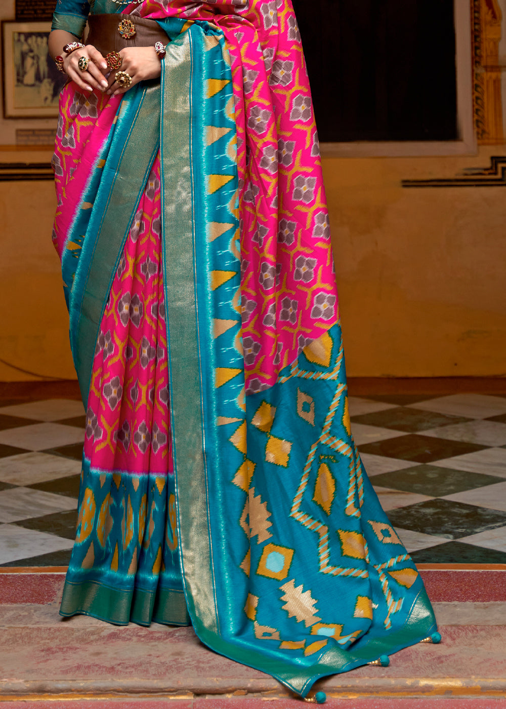 Buy MySilkLove Cabaret Pink and Blue Patola Silk Saree Online