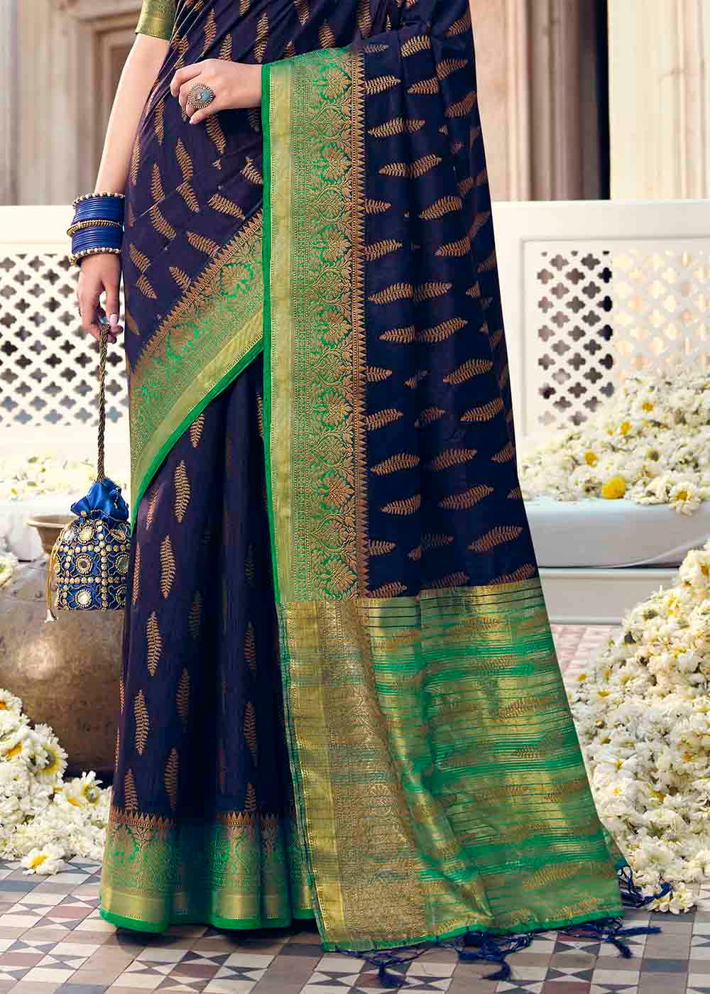 Buy MySilkLove Martinique Blue and Green Zari Woven Banarasi Raw Silk Saree Online