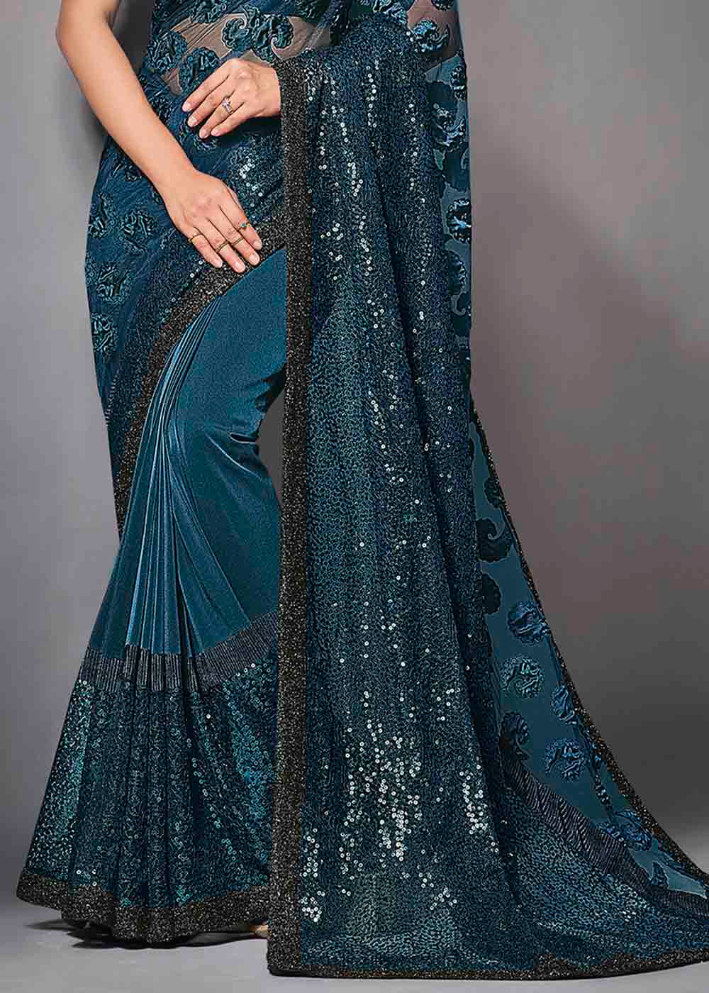 Buy MySilkLove San Blue Designer Lycra Saree with Embroidery Work Online