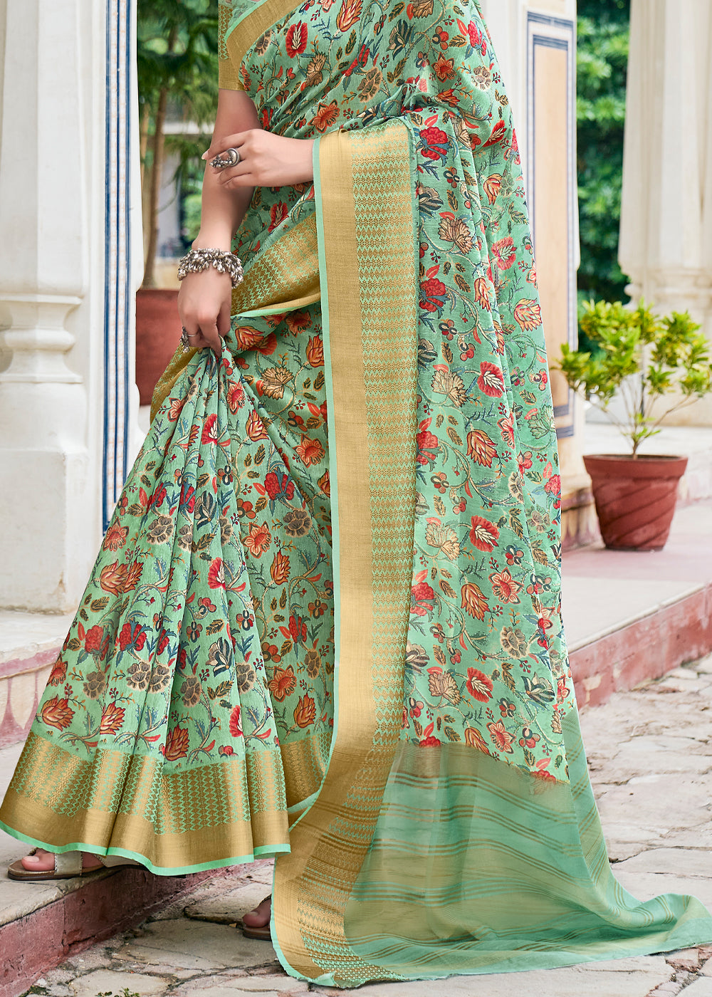 Buy MySilkLove Spring Rain Green Banarasi Printed Saree Online