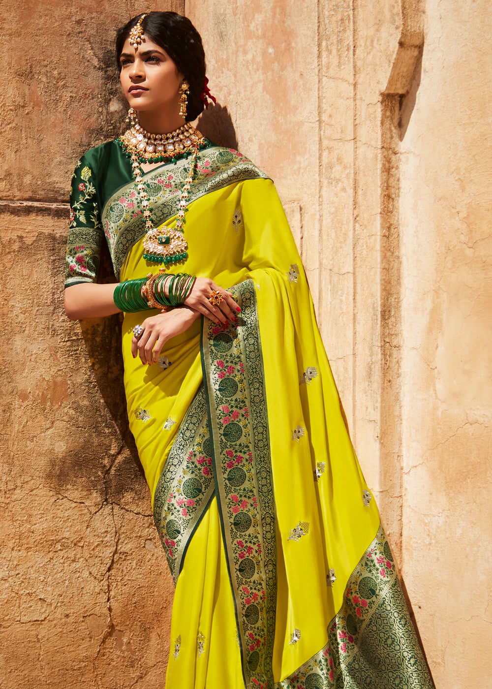 Buy MySilkLove Sunflower Yellow and Green Zari Woven Designer Banarasi Saree Online