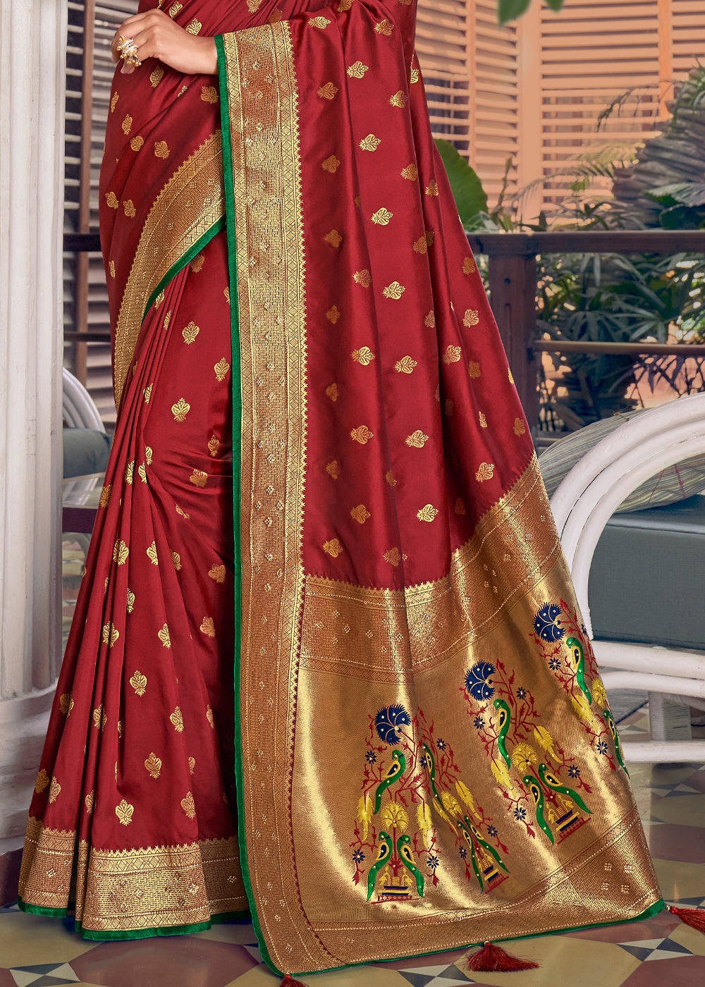 Buy MySilkLove Firebrick Brown and Green Zari Woven Banarasi Brocade Saree Online