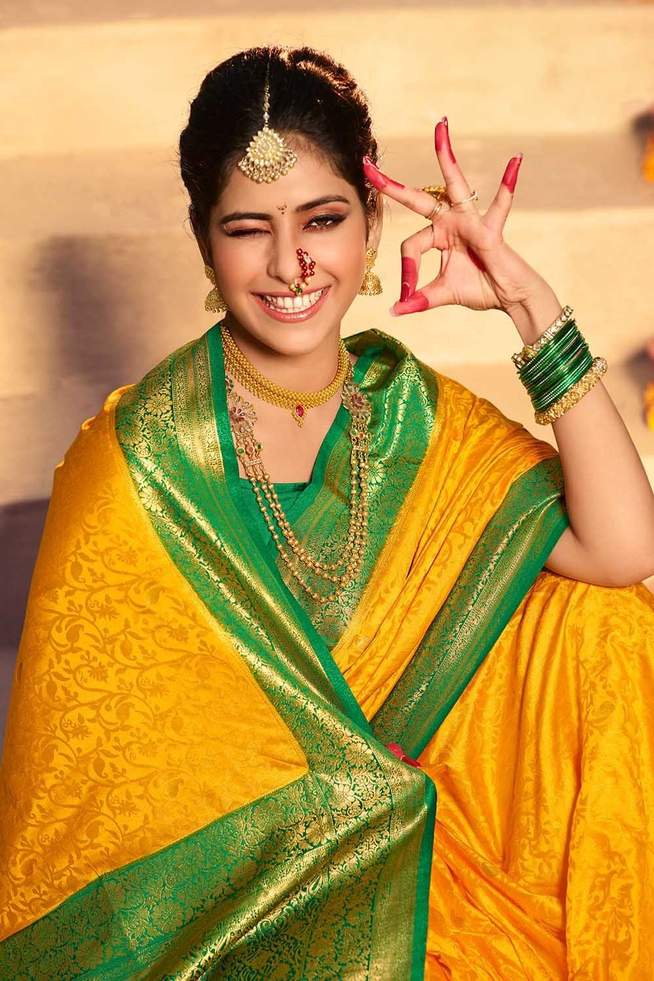 Buy MySilkLove Fuel Yellow Zari Woven Kanjivaram Saree Online