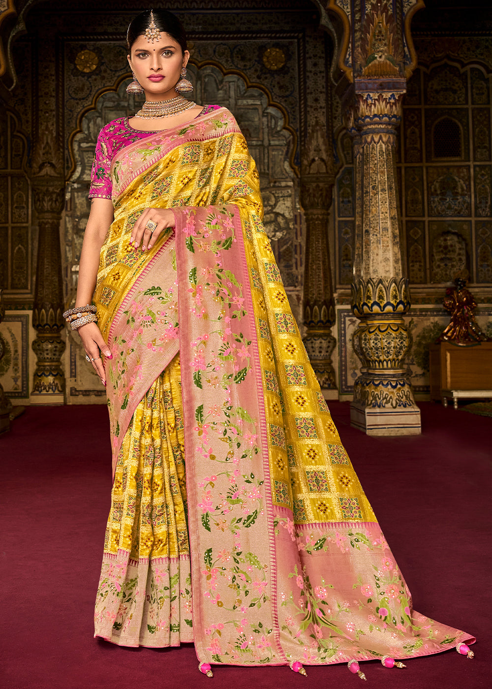 Buy MySilkLove Yellow and Pink Patola Handloom Dola Silk Saree With Embroidered Blouse Online