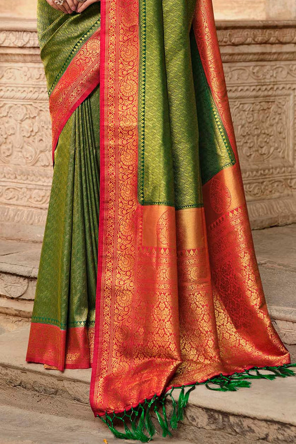 Buy MySilkLove Corn Green and Red Zari Woven Kanjivaram Saree Online