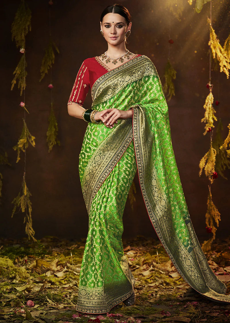 Wild Willow Green Woven Georgette Designer Saree with Embroidered Blouse