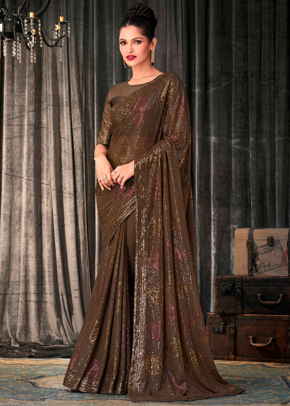 Buy MySilkLove Millbrook Brown Sequins Embroidered Designer Georgette Saree Online