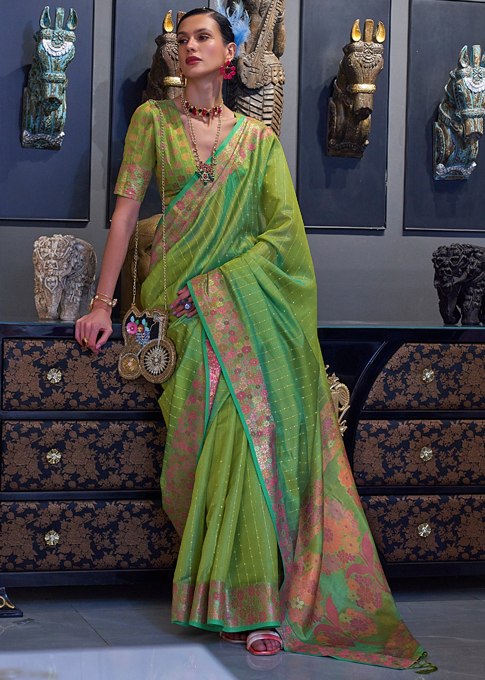 Buy MySilkLove Olivine Green Woven Dual Tone Organza Banarasi Silk Saree Online