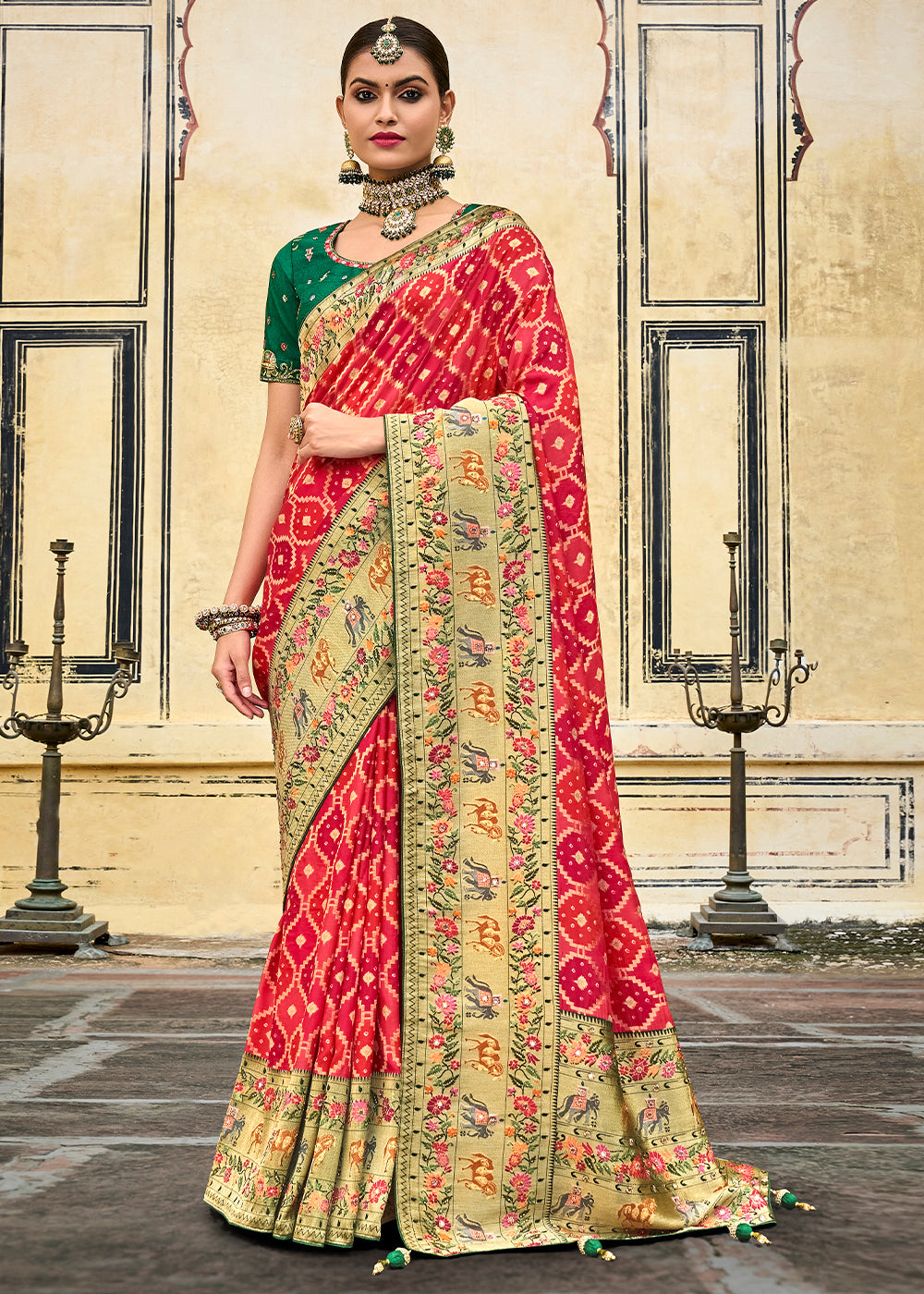 Buy MySilkLove Valencia Red and Green Patola Printed Dola Silk Saree With Embroidered Blouse Online