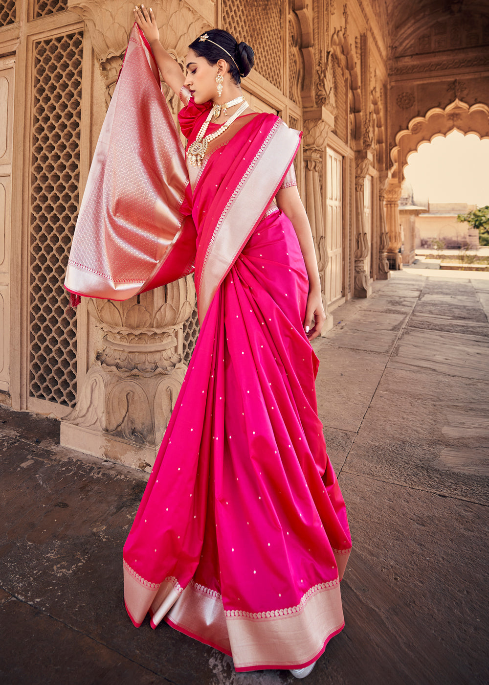 Buy MySilkLove Radical Pink Woven Banarasi Satin Silk Saree Online