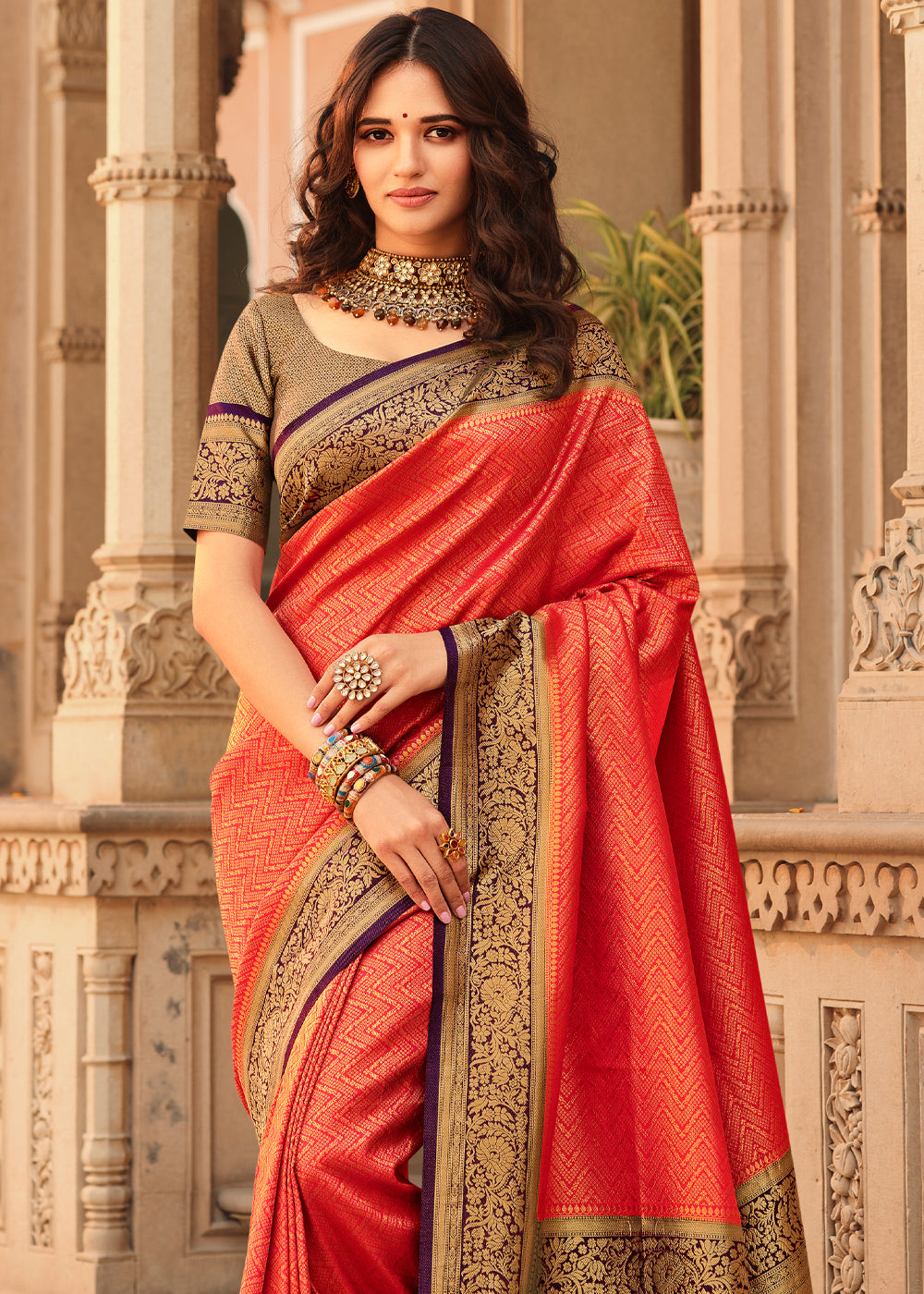 Buy MySilkLove Mandarin Pearl Red and Purple Zari Woven Kanjivaram Saree Online