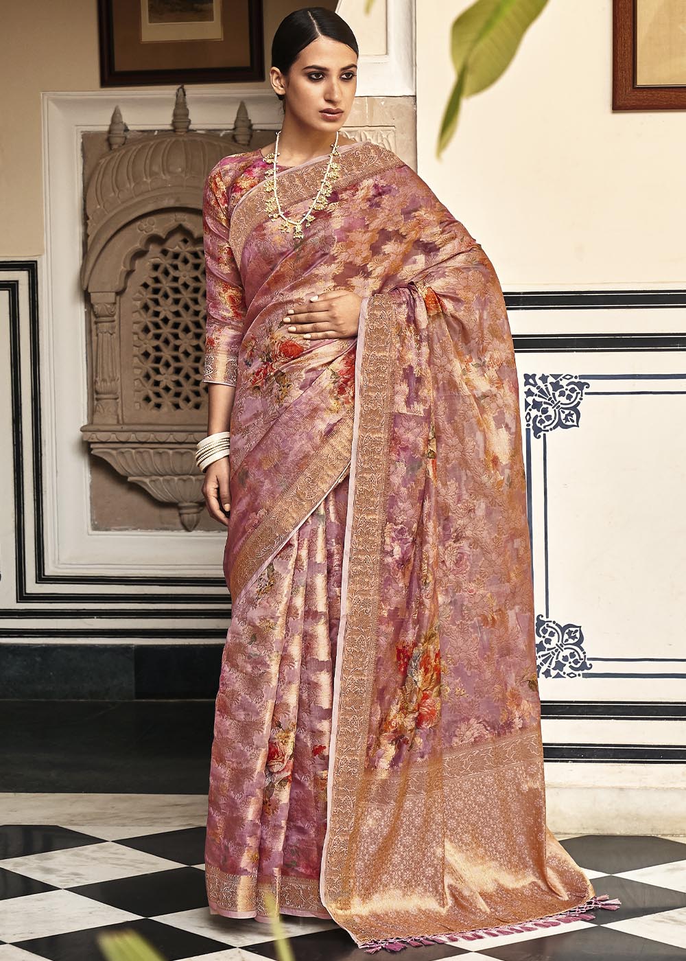 Buy MySilkLove Burning Sand Pink Digital Printed Brasso Saree Online