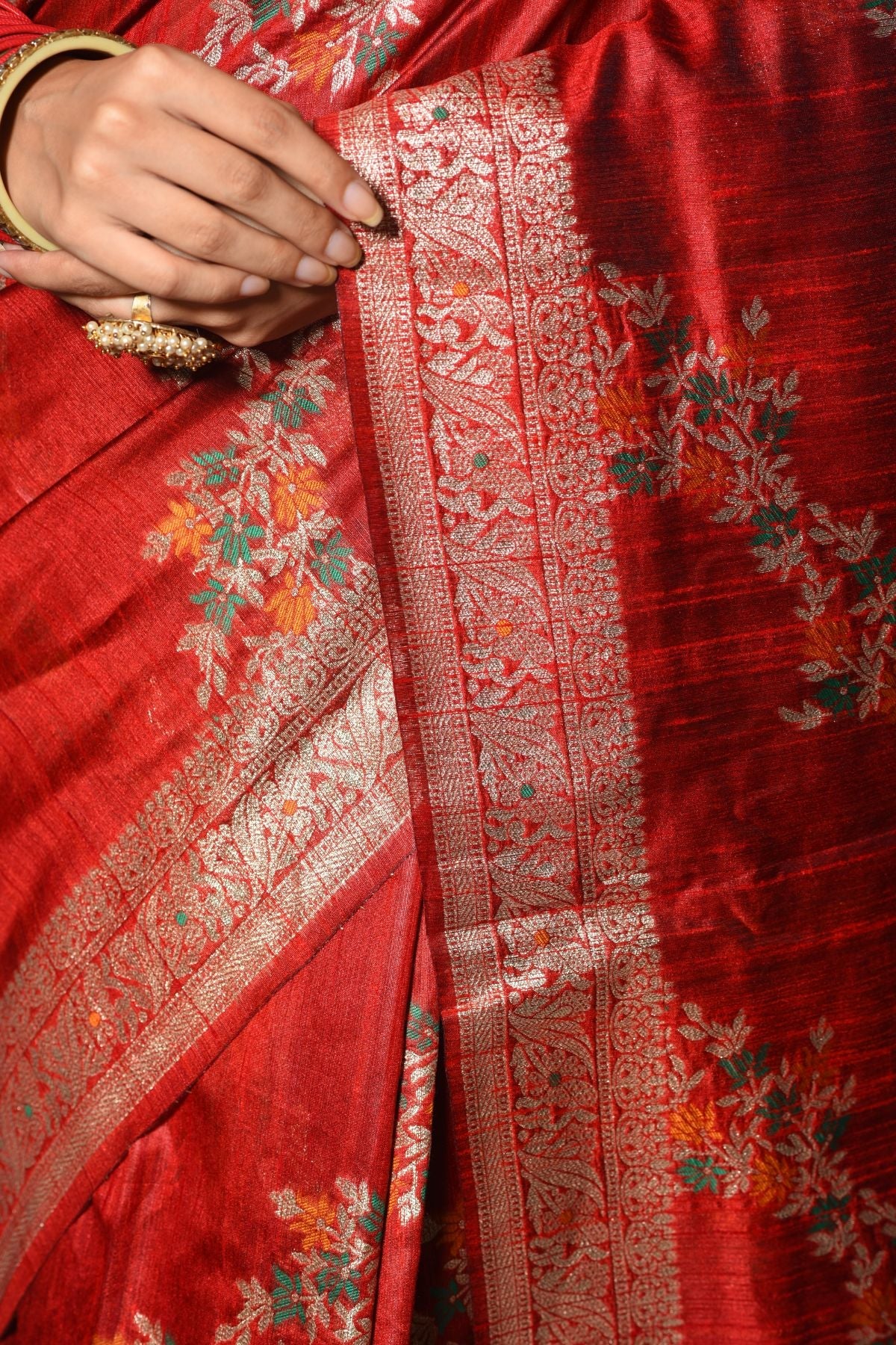 Buy MySilkLove Carnation Red Woven Tussar Silk Saree Online