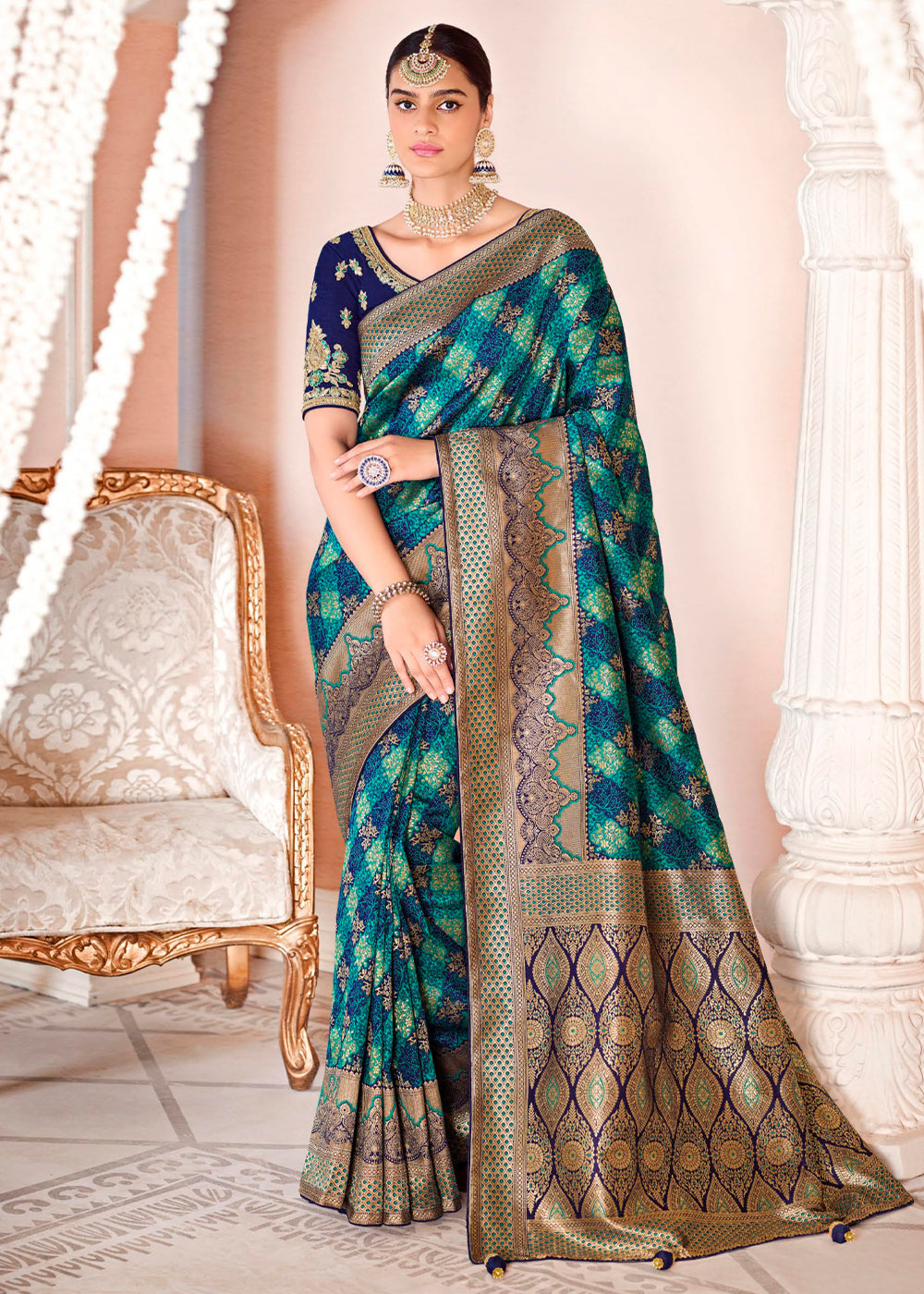 Buy MySilkLove Emerald Green and Blue Zari Woven Banarasi Saree with Designer Blouse Online