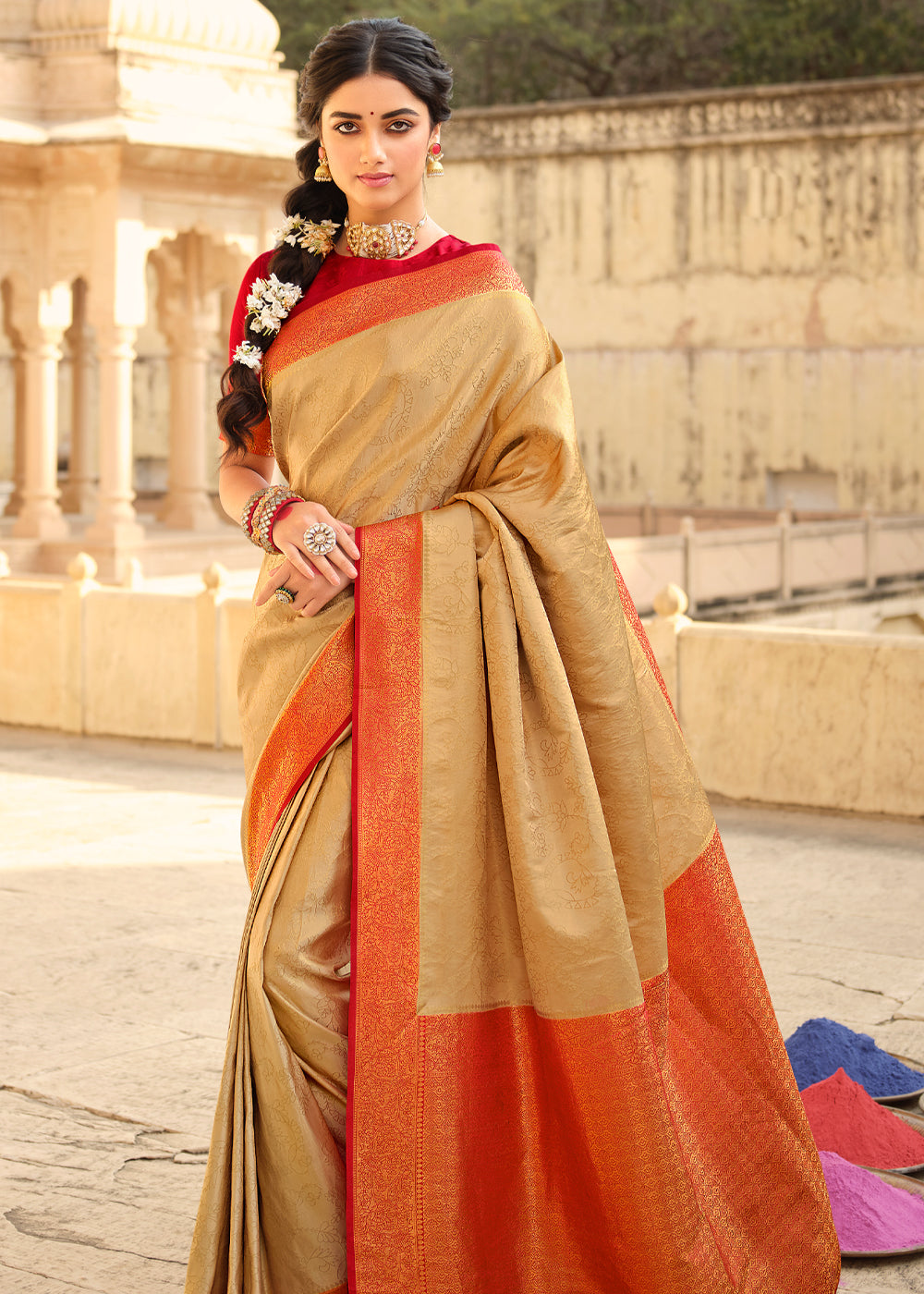 Buy MySilkLove Salomie Cream and Red Zari Woven Kanjivaram Saree Online