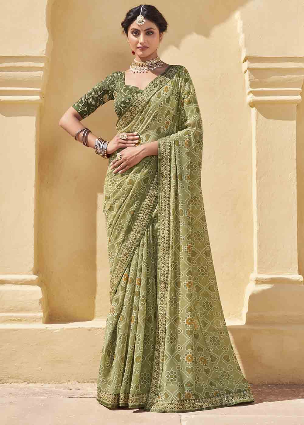 Buy MySilkLove Olive Green Patola Print Georgette Saree With Embroidered Blouse Online