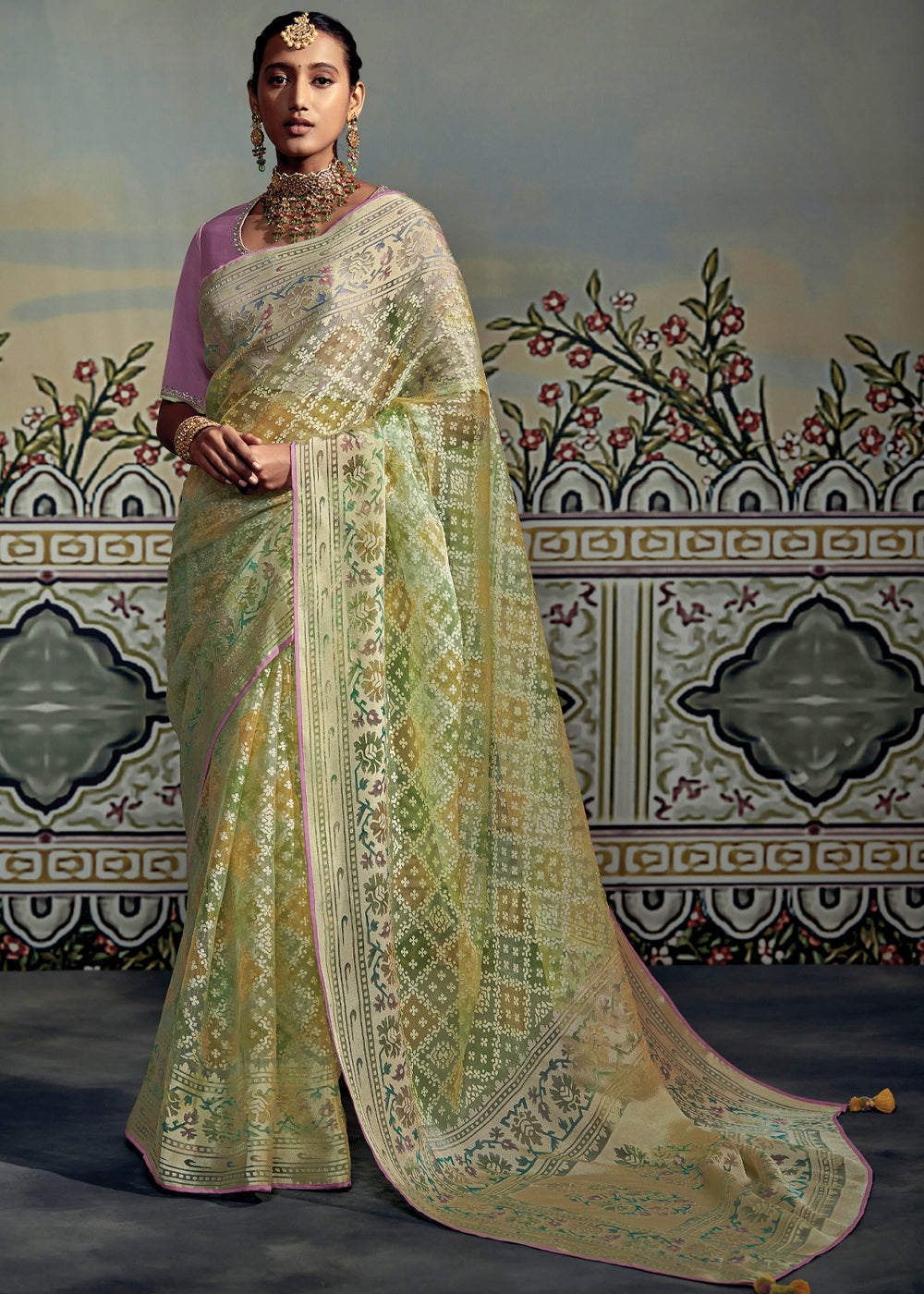 Buy MySilkLove Locust Green and Yellow Woven Soft Silk Saree with Embroidered Blouse Online