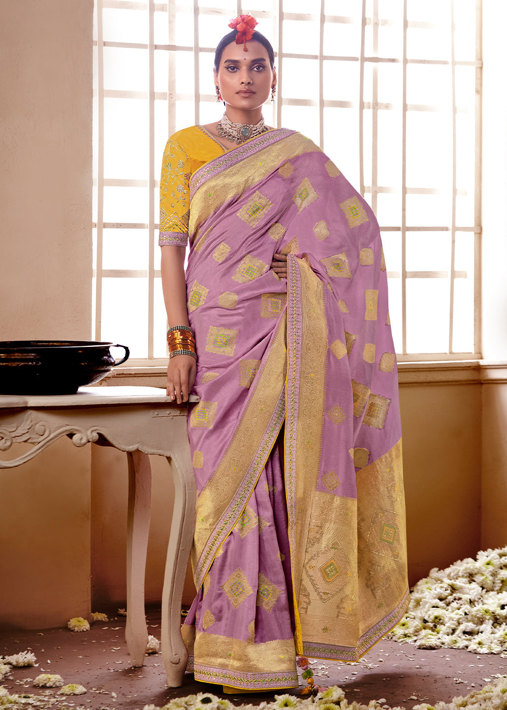 Buy MySilkLove Shocking Purple and Yellow Banarasi Saree with Designer Blouse Online