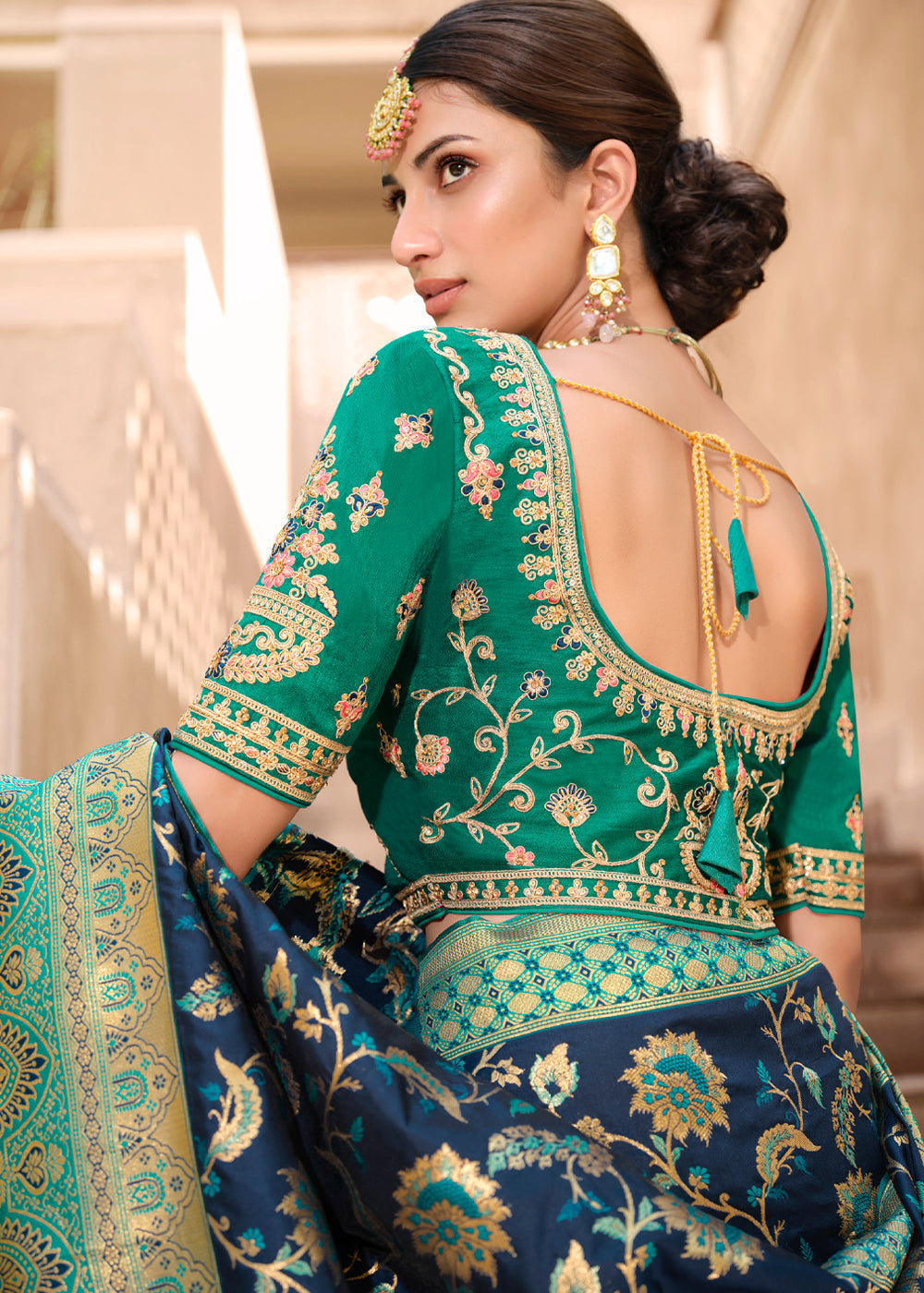 Buy MySilkLove Cinder Blue and Green Woven Designer Banarasi Silk Saree Online
