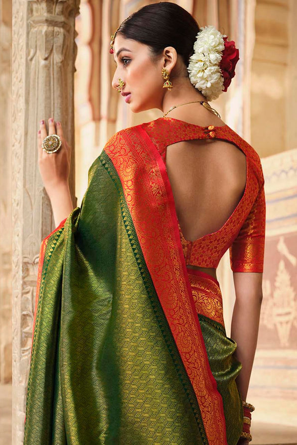 Buy MySilkLove Corn Green and Red Zari Woven Kanjivaram Saree Online